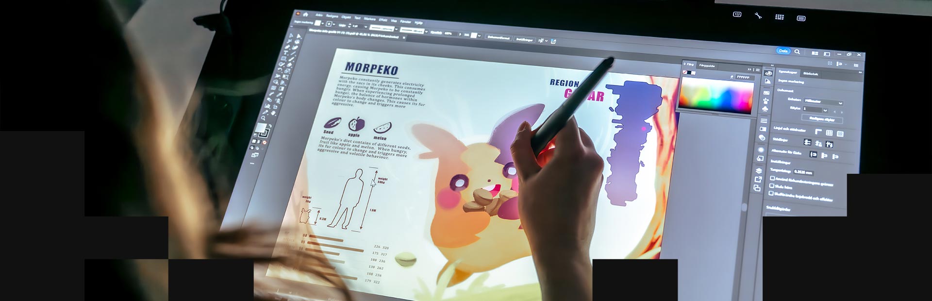 Person ritar en färgglad illustration på en ritplatta med penna i ett designprogram.