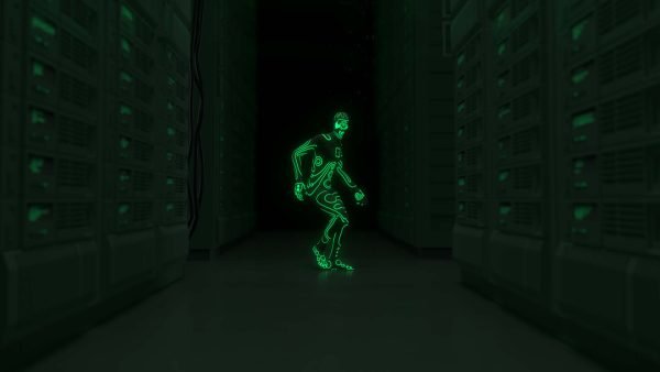 Grön figur dansar på mörk bakgrund, App och webbutveckling.