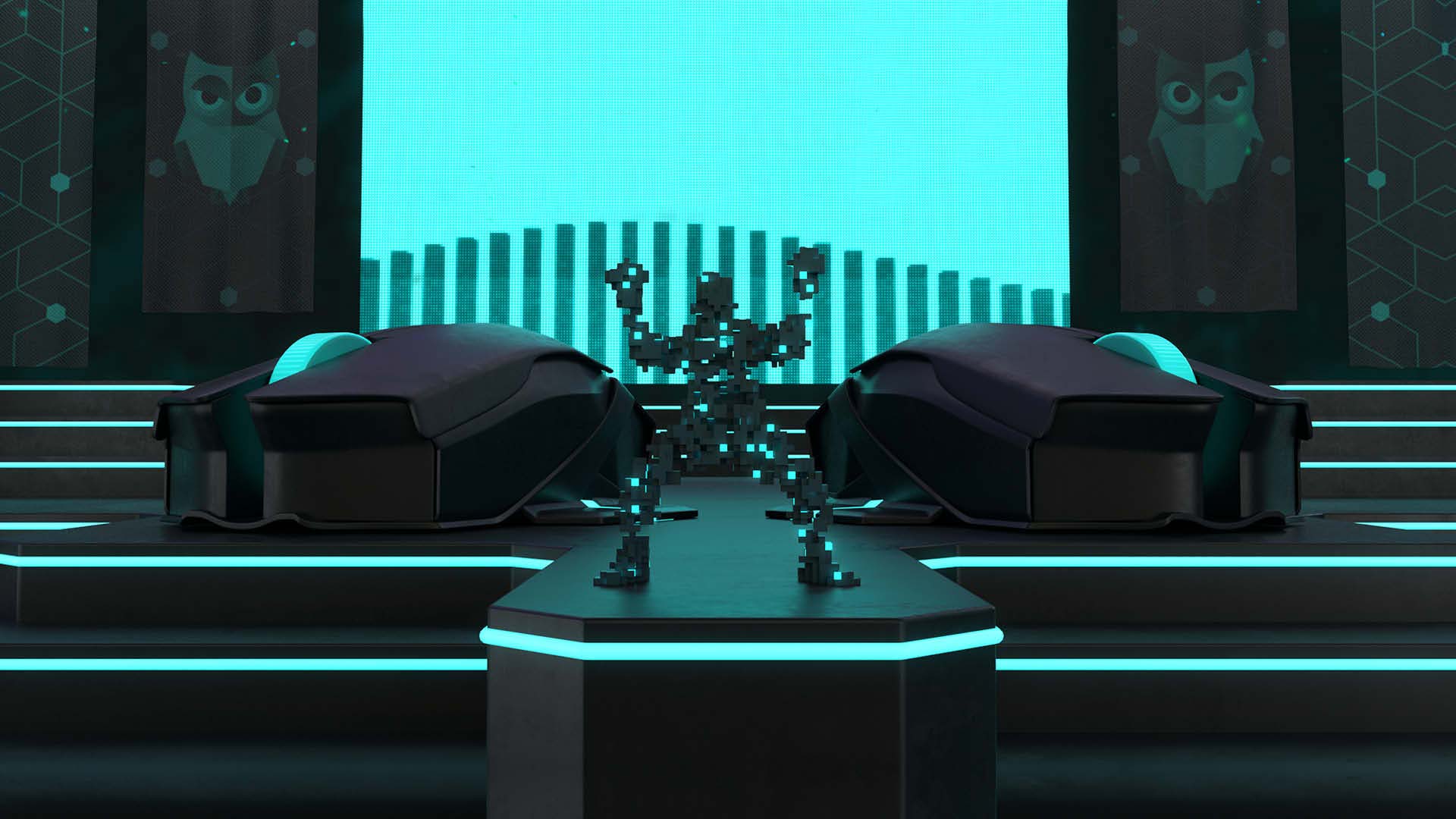 En 3D-modellerad figur gjord av mörkgrå pixlar dansar i en gaming-setup-miljö.