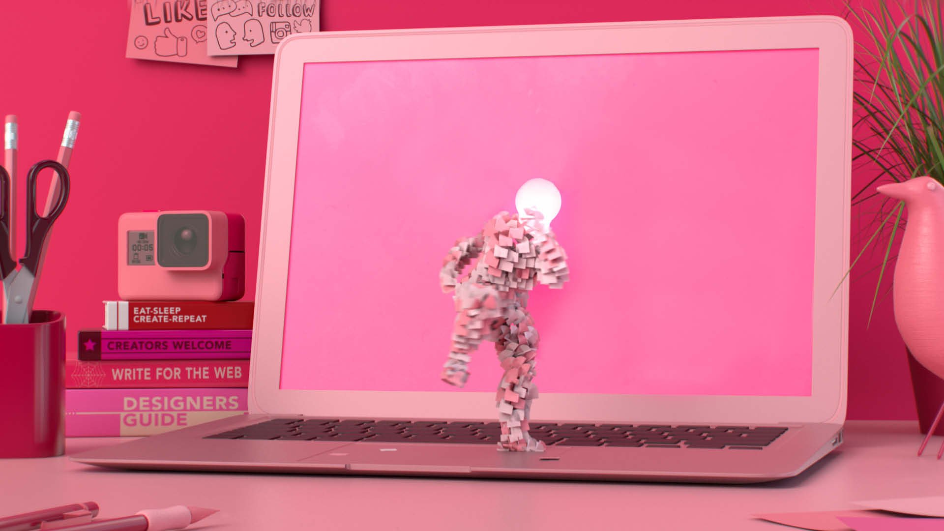 En 3D-modellerad figur gjord av post-it-lappar dansar i en rosa miljö.