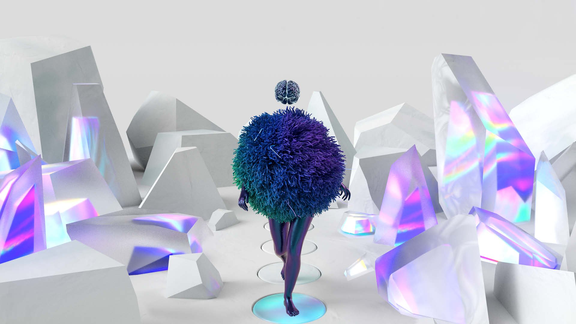 En 3D-modellerad lila, fluffig figur går genom en vit miljö med glänsande kristaller i bakgrunden.
