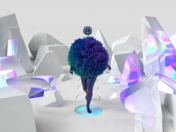 En 3D-modellerad lila, fluffig figur går genom en vit miljö med glänsande kristaller i bakgrunden.