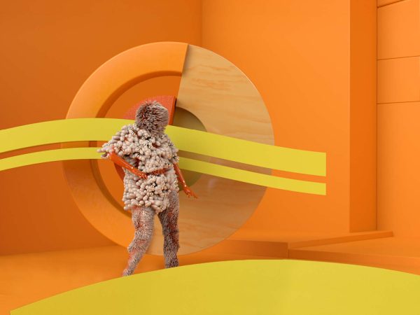En 3D-modellerad orange, hårig figur dansar i en orange miljö.