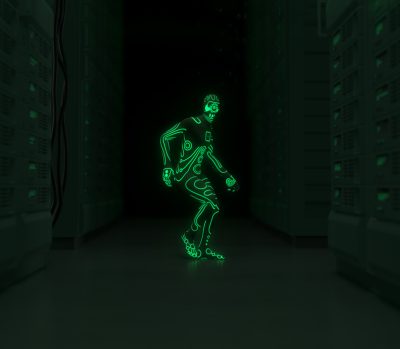 En 3D-modellerad grön figur dansar i ett mörkt grönt dataarkiv
