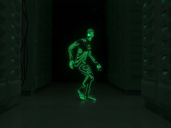 En 3D-modellerad grön figur dansar i en mörkt grönt dataarkiv.