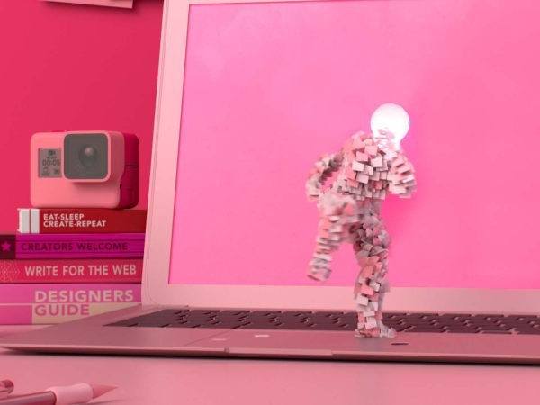 En 3D-modellerad figur gjord av post-it-lappar dansar i en rosa miljö.