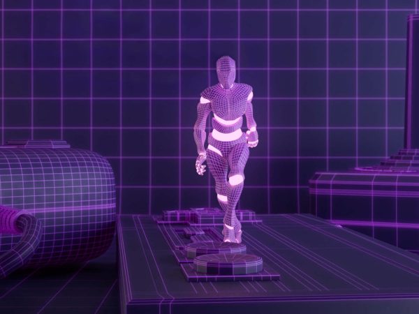 En 3D-modellerad lila figur dansar i en lila miljö på en lila spelkontroll.